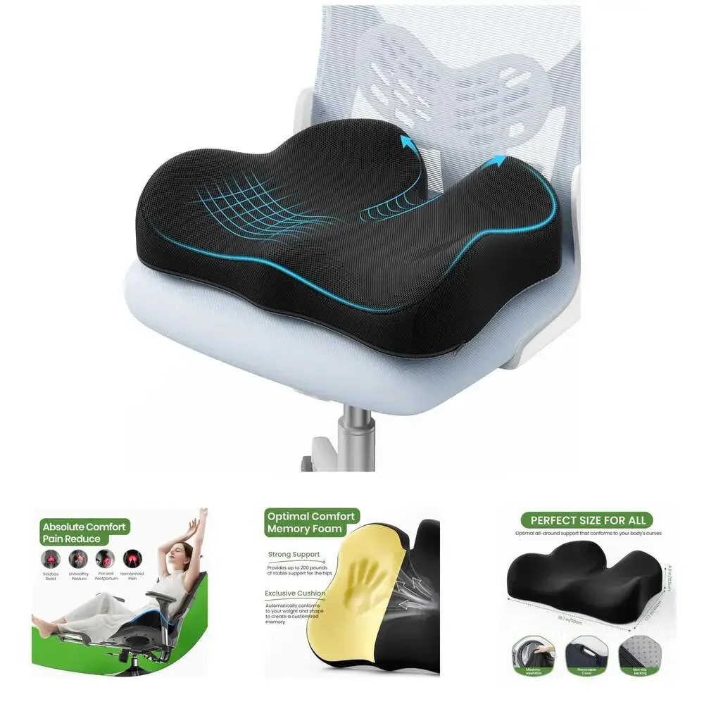 Ergonomic Seat Cushion Non-Slip Office Chair Support Memory Foam Black Comfort